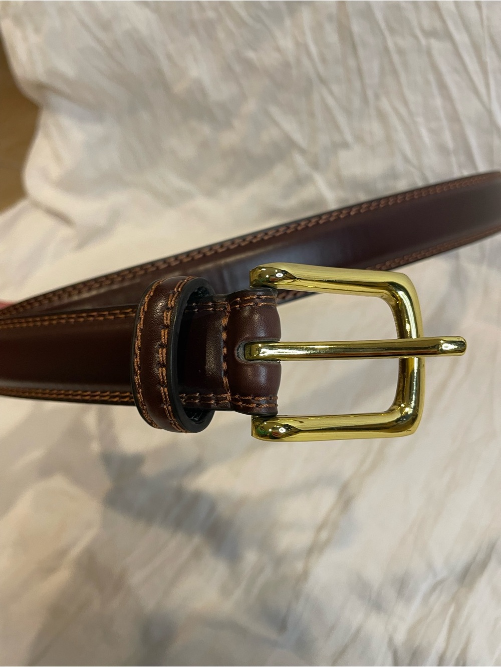Vintage Brown Genuine Leather Belt Gold Tone Buckle contrast stitch Size L/XL